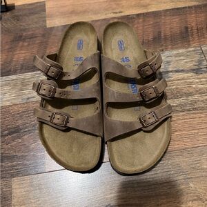Birkenstock Brown Triple-Strap Suede Slide Sandals